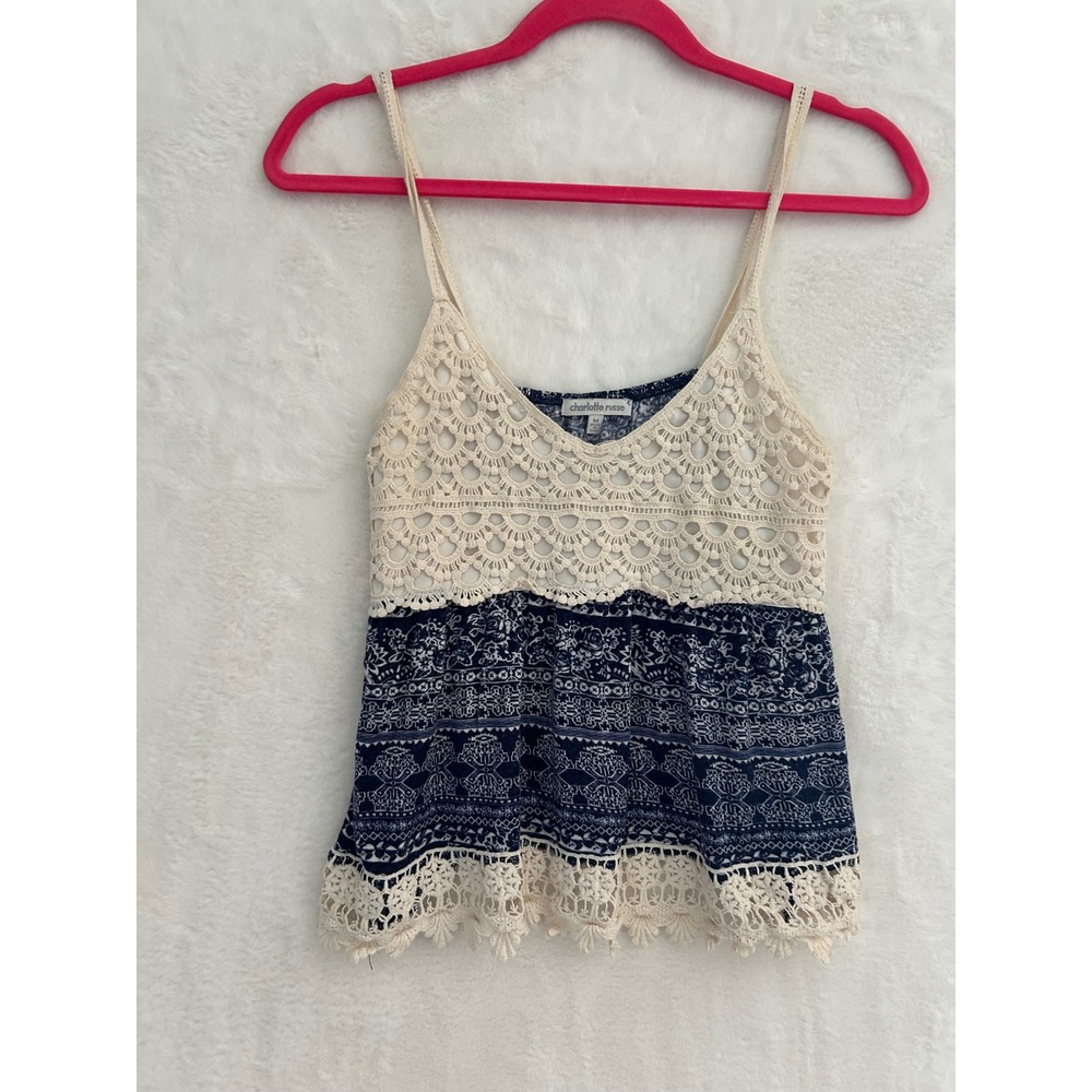 Charlotte Russe Crochet Lace Cami Top Womens Medium Navy Blue Boho Print Tank